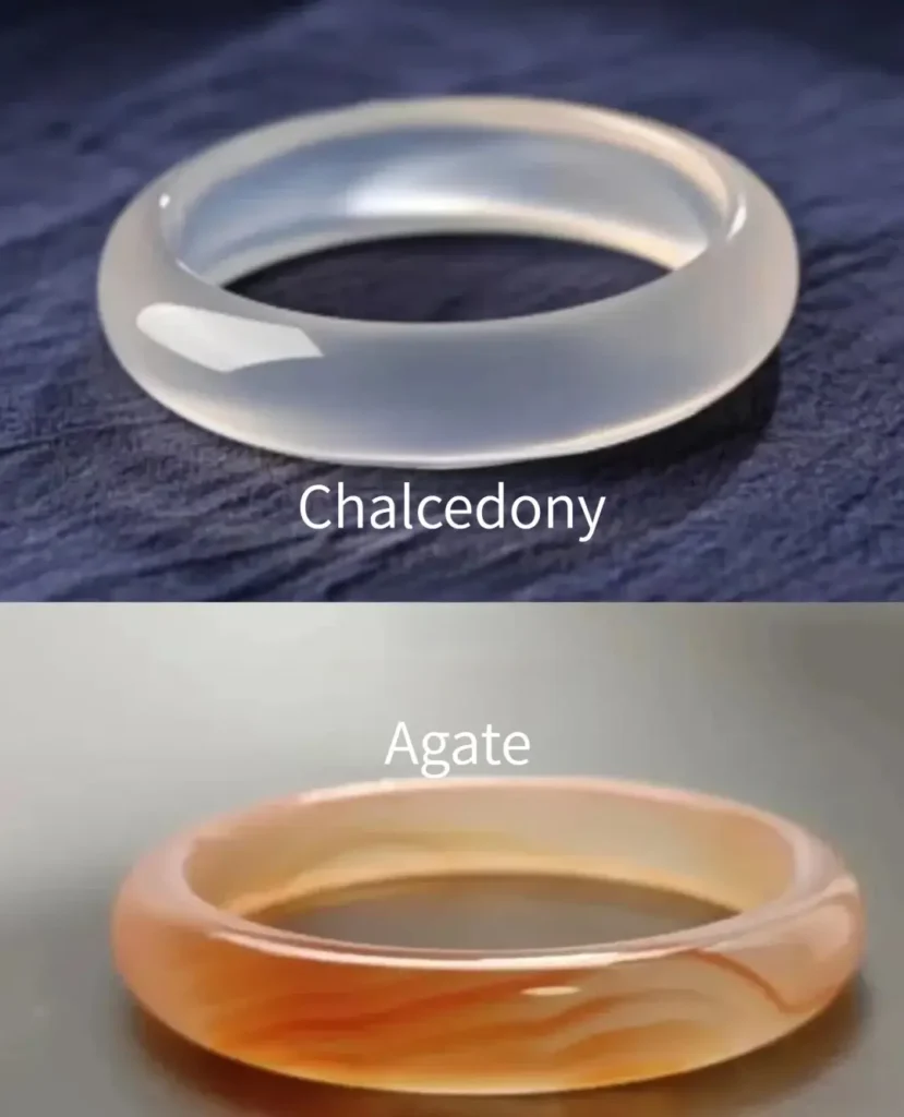 Comparison showing a translucent white chalcedony bangle and a banded orange agate bangle.