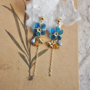 Handmade blue glass flower earrings with a lightweight drop design displayed on a botanical card.