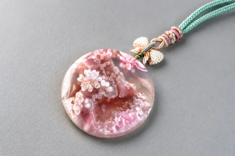 Round pink cherry blossom agate pendant with translucent texture and natural flower-like inclusions.