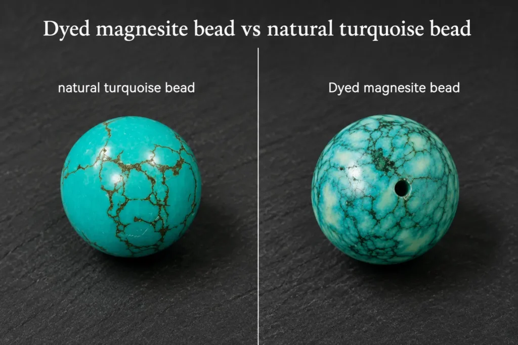 A side-by-side comparison of a natural turquoise bead and a dyed magnesite bead on a dark surface.