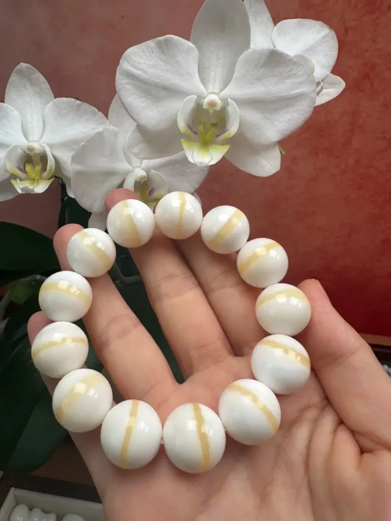 16mm Gold-Thread Tridacna shell bracelet with white beads and natural golden-brown bands.