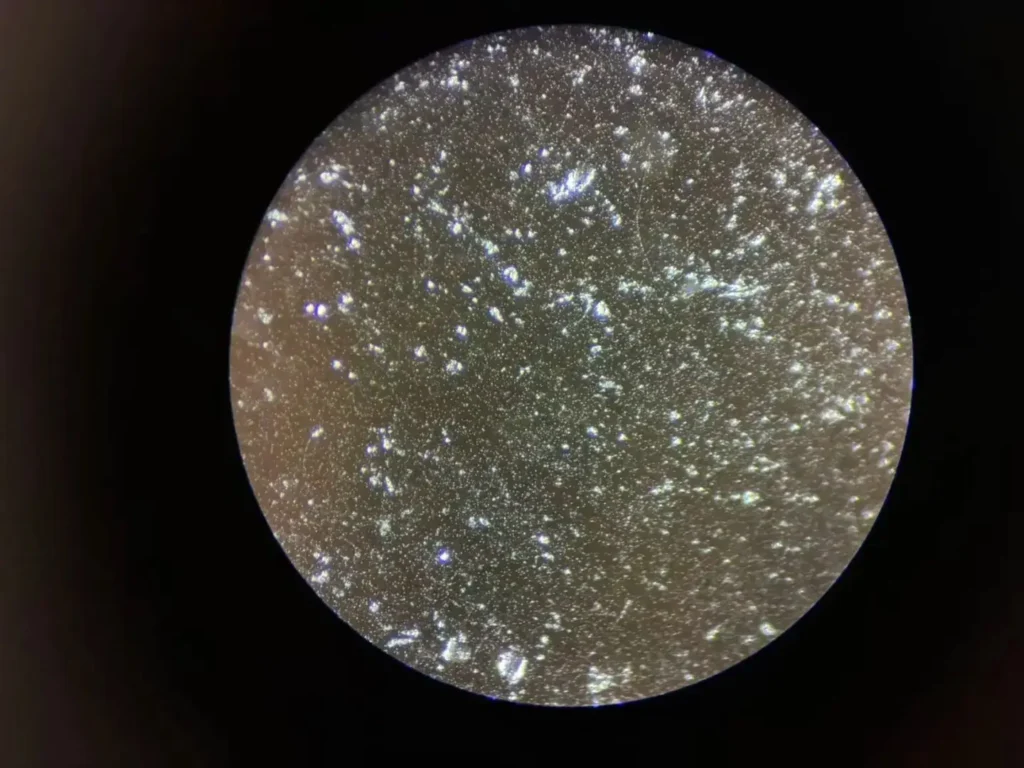Microscopic view of ice obsidian showing natural flow patterns and fine internal features.