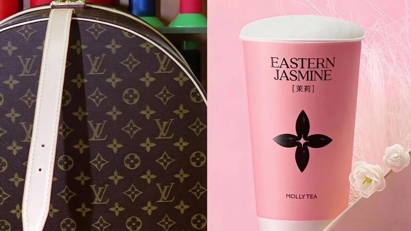 Side-by-side comparison of Louis Vuitton's monogram pattern and a Molly Tea beverage cup.