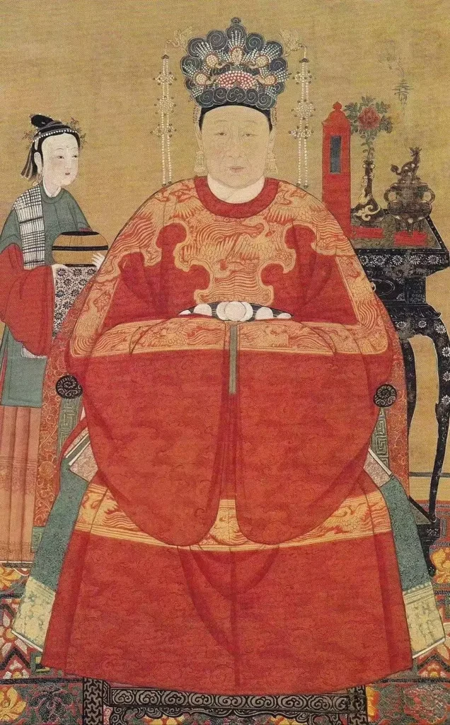 A Ming noblewoman wearing a round-collar robe decorated with a Persimmon Calyx frame.