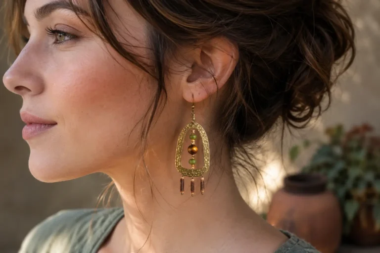 Woman wearing tiger’s eye dangle earrings with handmade hammered brass detailing, side profile view.