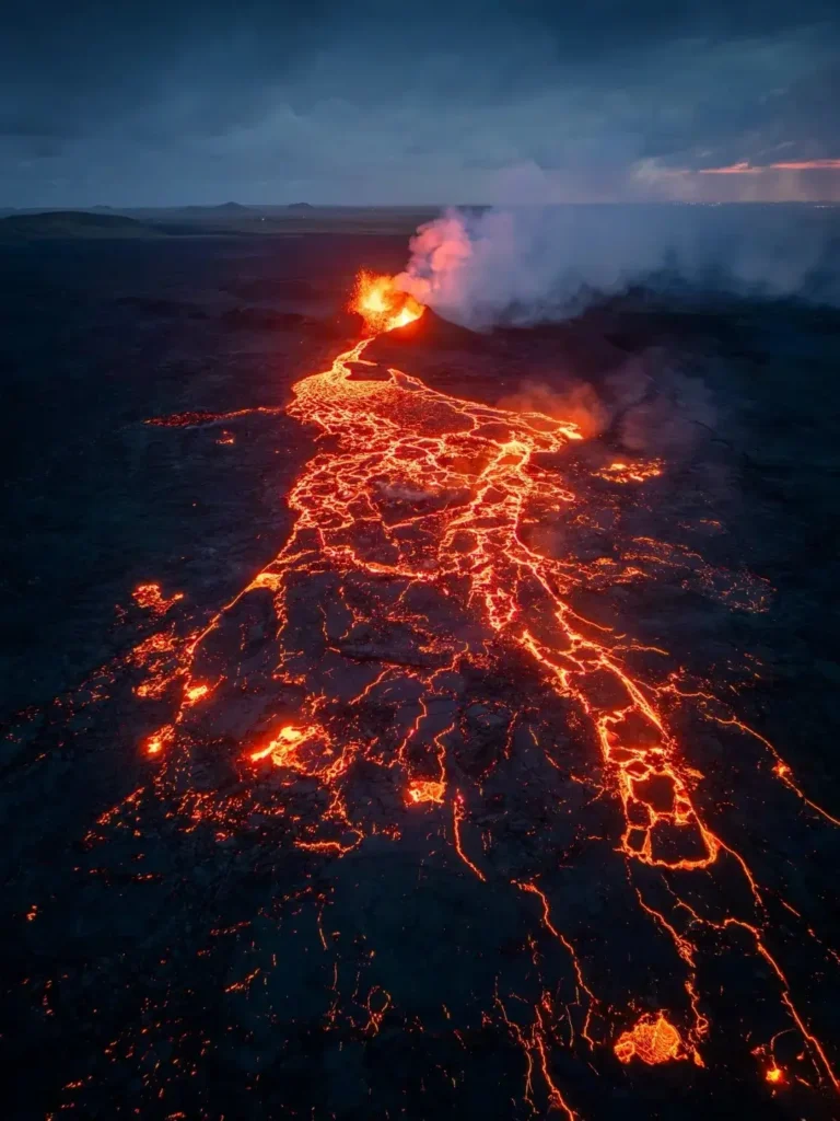 Aerial view of molten volcanic lava cooling on dark volcanic rock, illustrating the formation of natural obsidian.