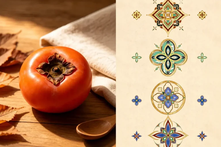 A persimmon fruit with a four-lobed calyx beside traditional four-petal Chinese motifs.