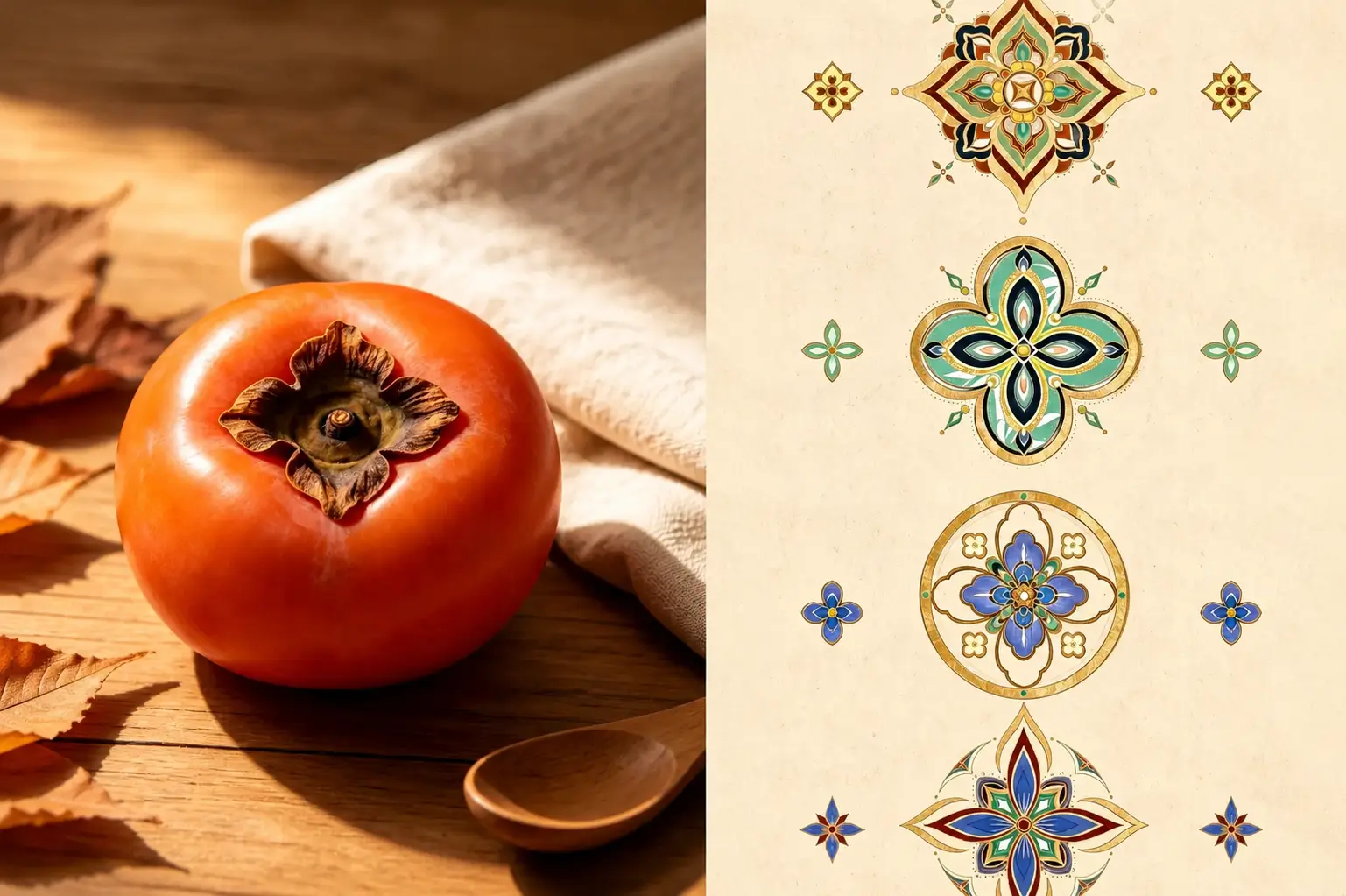 A persimmon fruit with a four-lobed calyx beside traditional four-petal Chinese motifs.