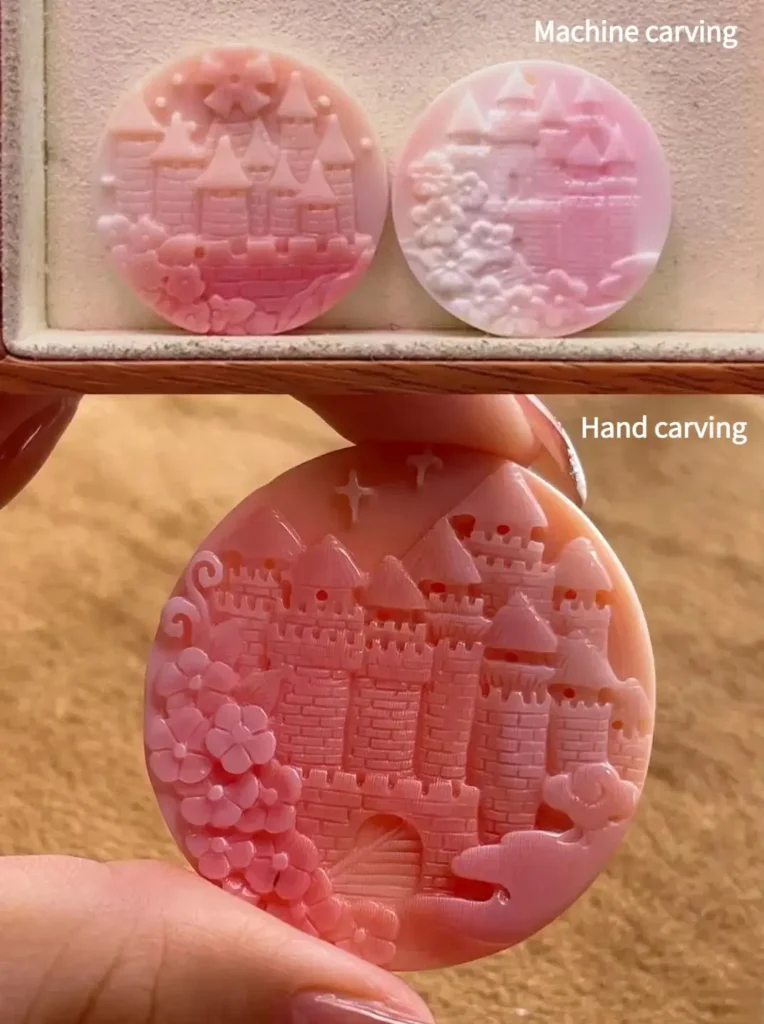 Machine-carved and hand-carved Queen Conch shell sculptures showing differences in detail and edges.