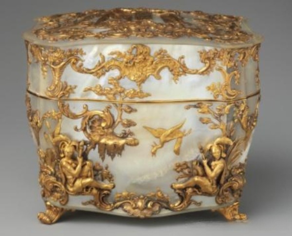 18th-century Rococo gold and mother-of-pearl sewing set with decorative tools.