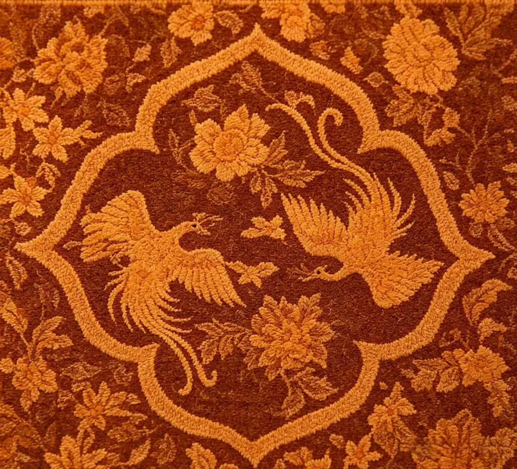 Silk textile featuring phoenixes and floral motifs inside a four-petal Persimmon Calyx frame.