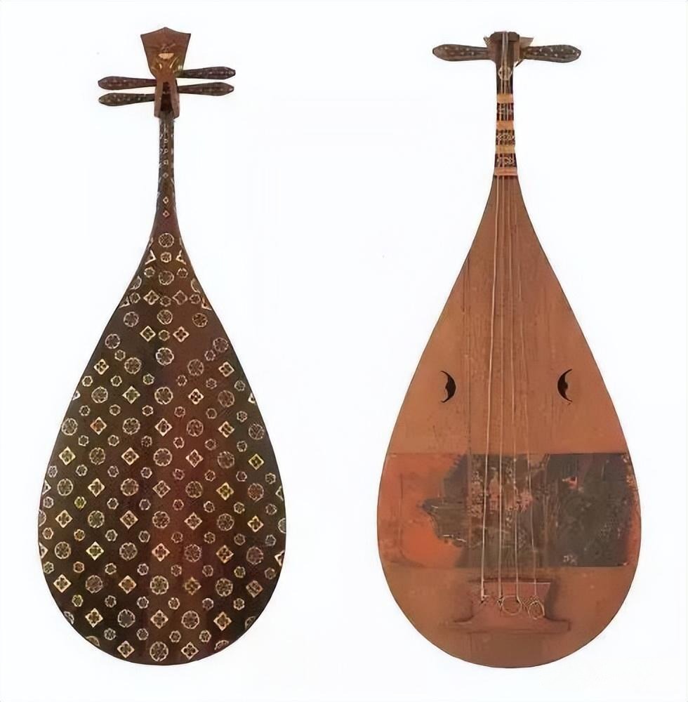 Tang sandalwood pipa with carved Baoxiang Flower motifs on its decorated wooden body.