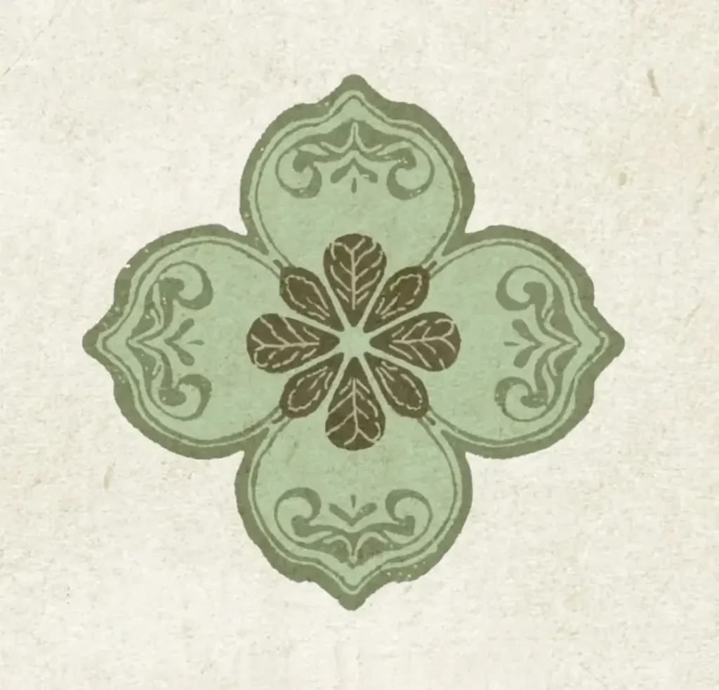 A symmetrical light green Chinese Persimmon Calyx (Shidiwen) pattern on textured paper.