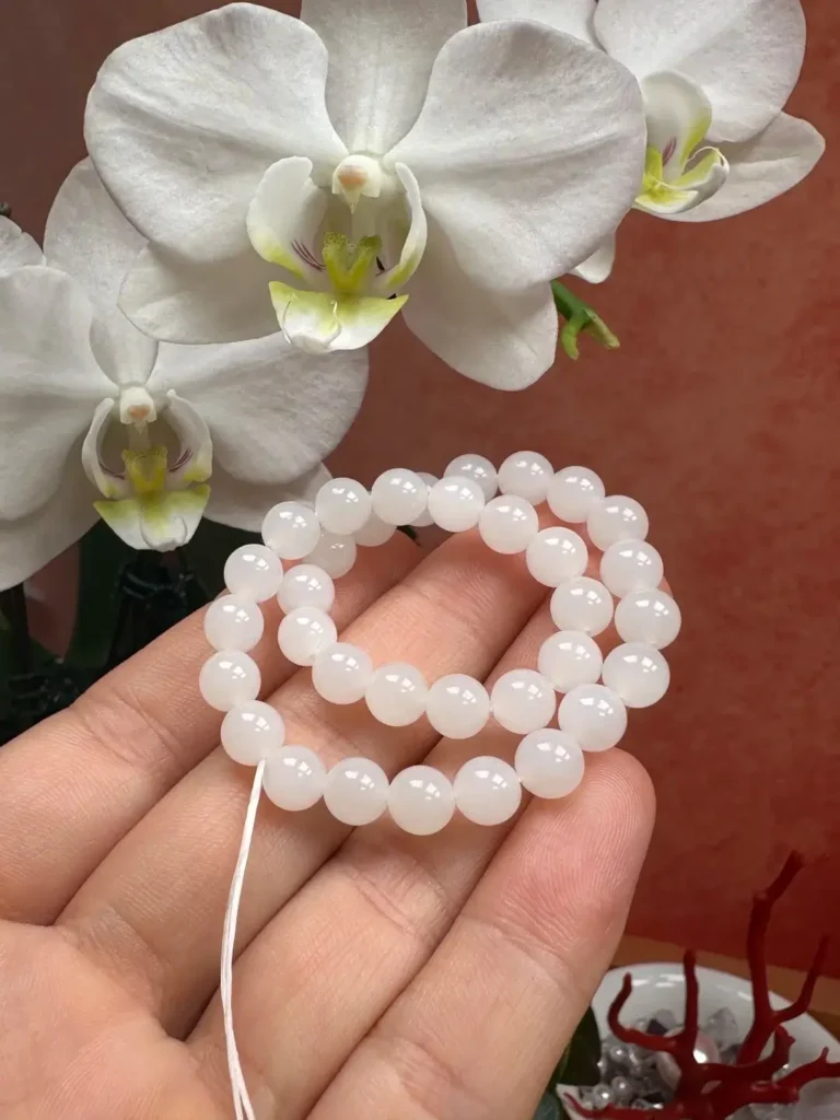 Translucent Tridacna shell bead strand with a smooth jade-like texture and soft luster.