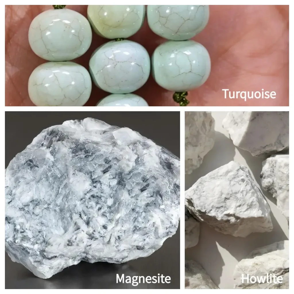 A multi-panel comparison of turquoise beads, light gray magnesite ore, and white howlite stones.