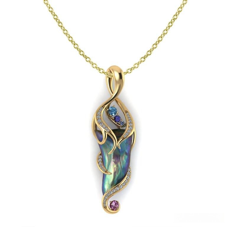 An 18K gold pendant featuring a freeform abalone pearl with colored gemstone accents.