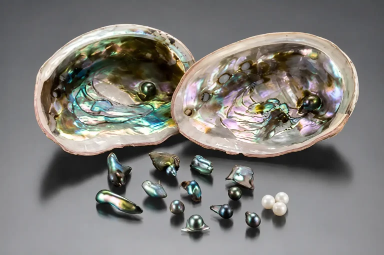 Polished abalone shells displayed with loose pearls in natural freeform shapes.