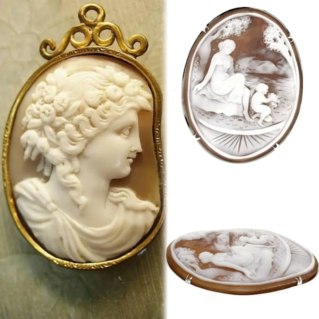 Comparison of shell cameo jewelry with bezel and prong settings showing different mounting styles.