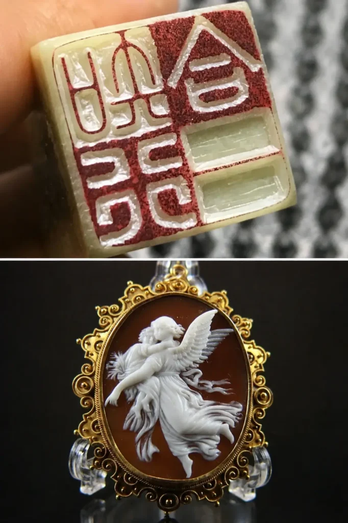 Chinese seal with recessed intaglio carving beside a Victorian cameo with raised relief figures.