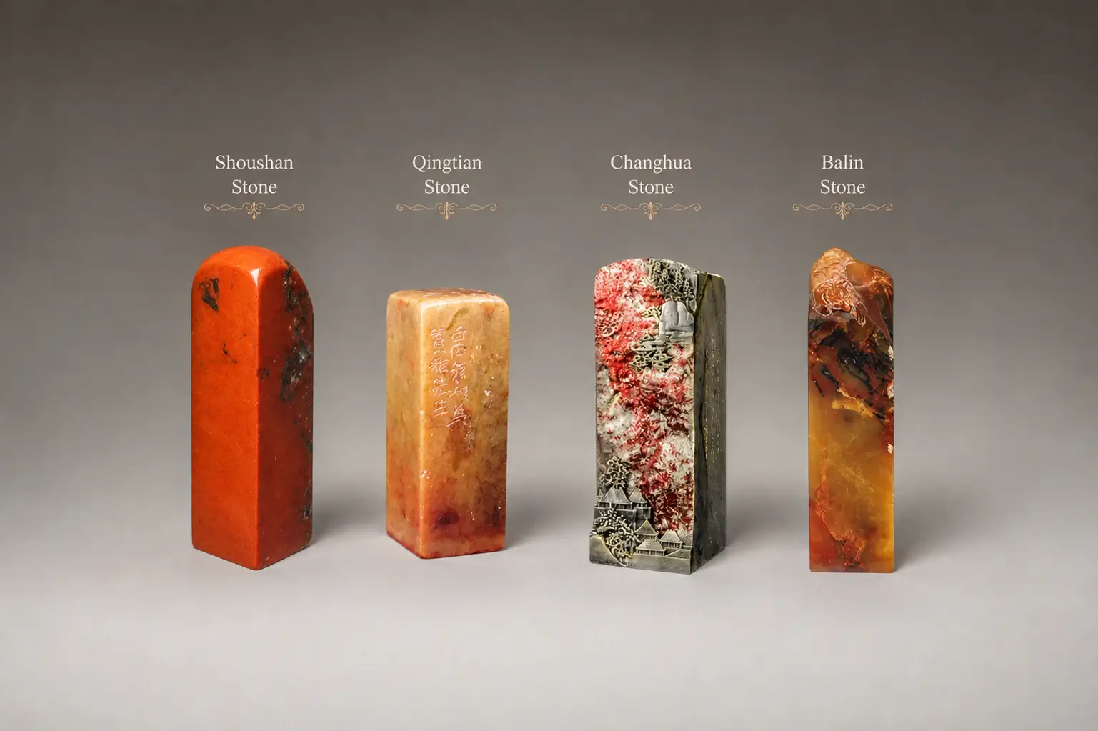 Four Chinese seal stones featuring Shoushan, Qingtian, Changhua, and Balin Stone seals.