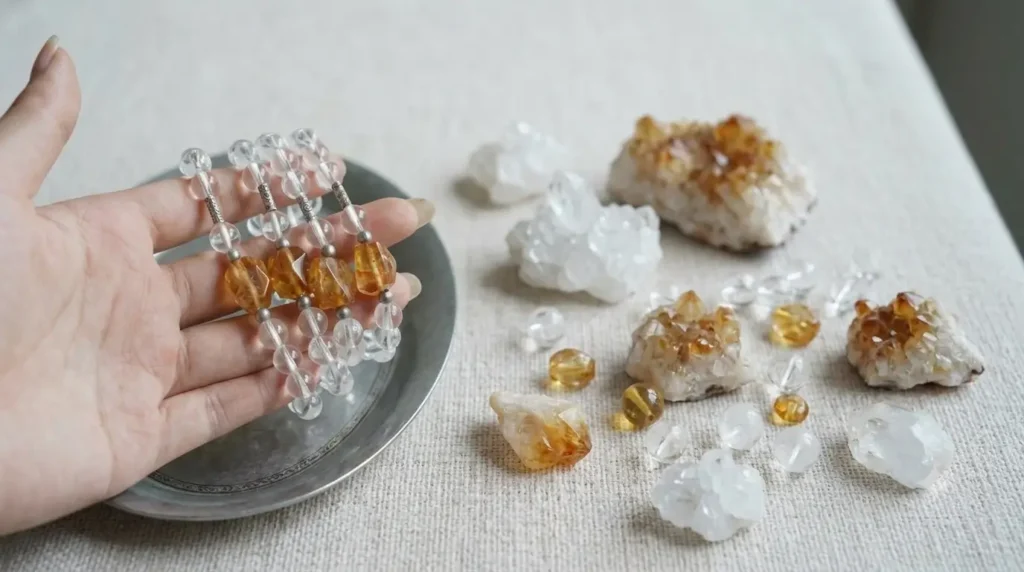Clear quartz bracelet with citrine accents beside loose beads and natural crystal materials.