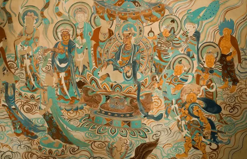 Dunhuang Buddhist mural showing multiple figures with green robes and brown-toned skin.