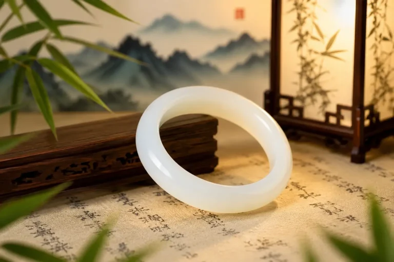 Eye-clean white Hetian jade bangle showing a smooth surface and bright natural luster.