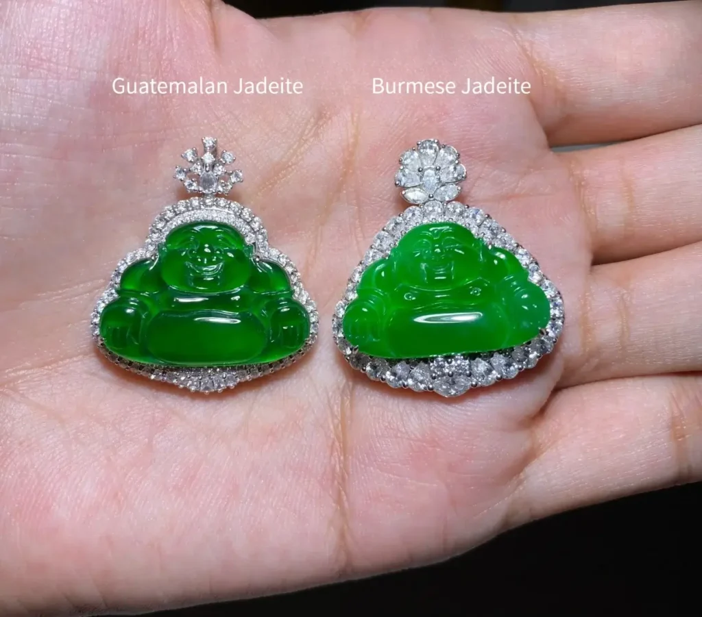 Comparison of Guatemalan and Burmese jadeite Buddha pendants under natural light.