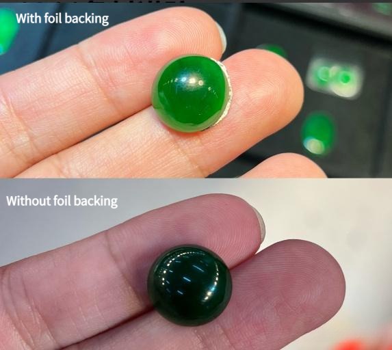 Same green Guatemalan jadeite cabochon shown with and without foil backing.