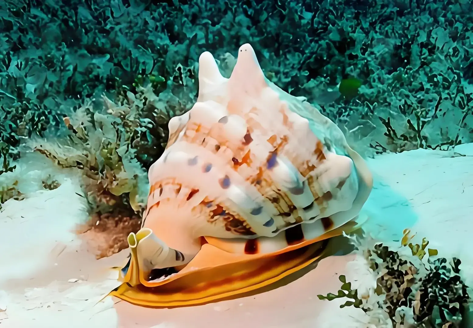 A live Helmet Shell in a shallow coral reef habitat on a sandy seabed.