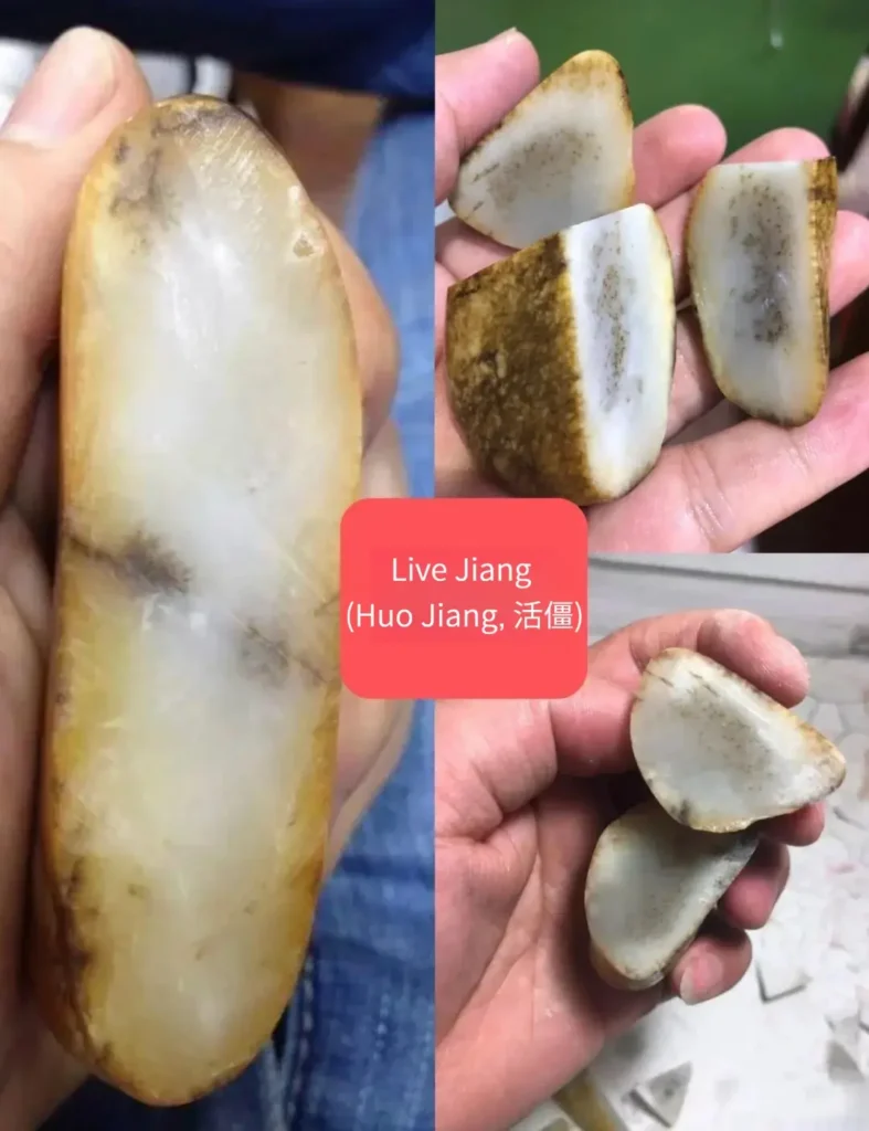 Cut Hetian jade showing streak-like live Jiang inclusions extending through the nephrite matrix.