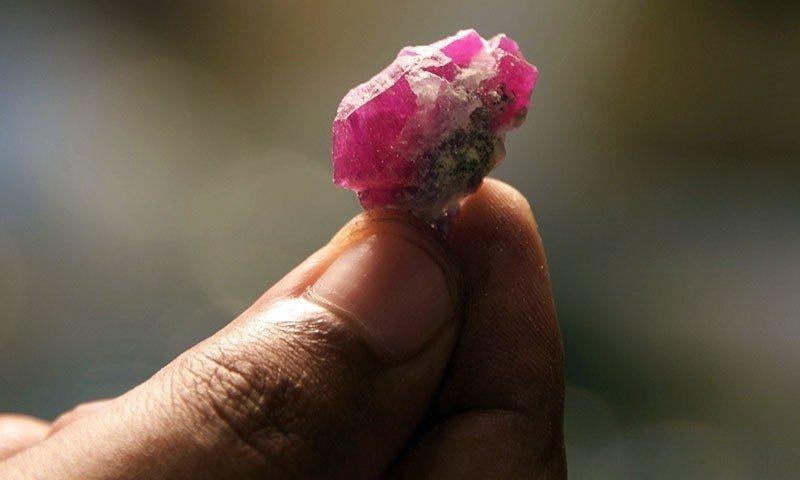 Untreated pinkish-red Hunza Ruby rough crystal from Pakistan held between fingers.
