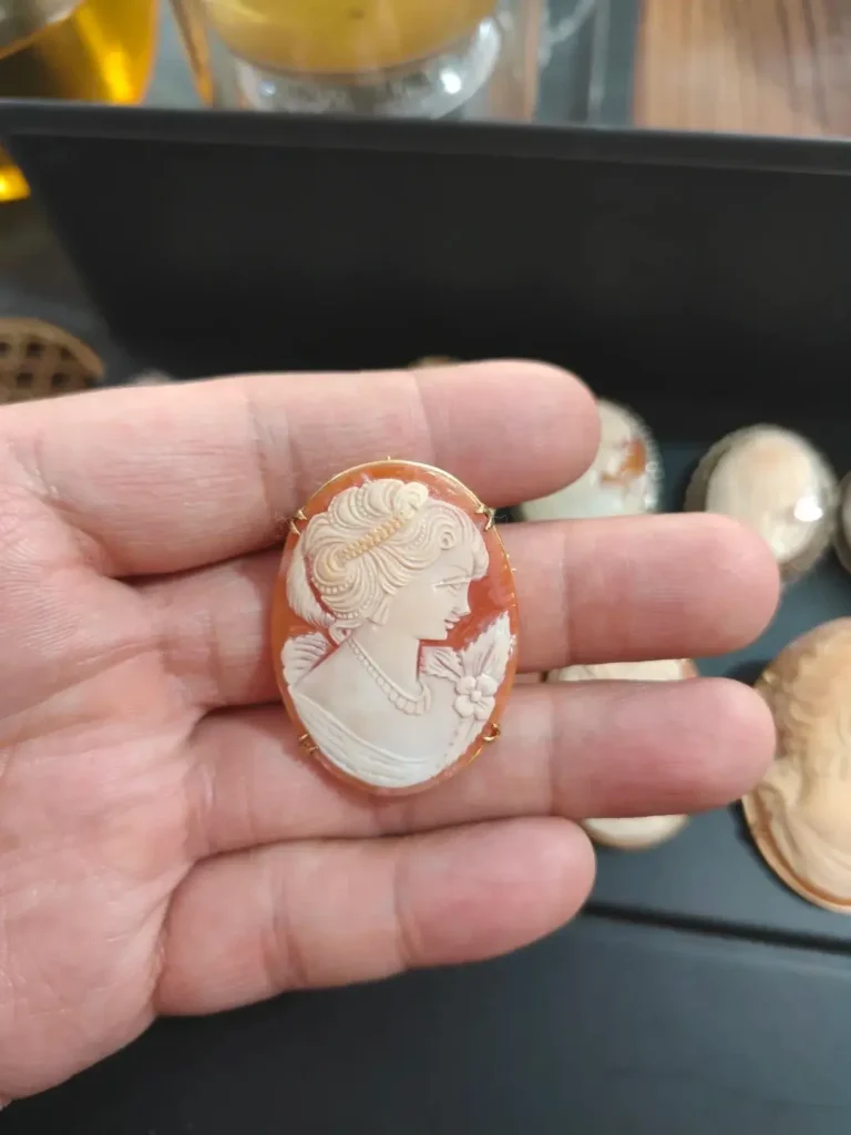 Italian Bullmouth shell cameo brooch featuring a carved female profile with natural shell color layers.