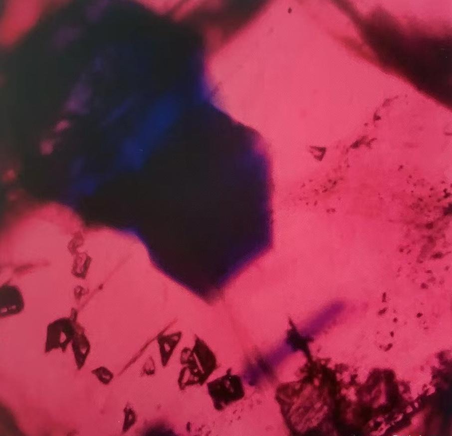 A dark blue hexagonal core and mineral inclusions in a Mong Hsu ruby under magnification