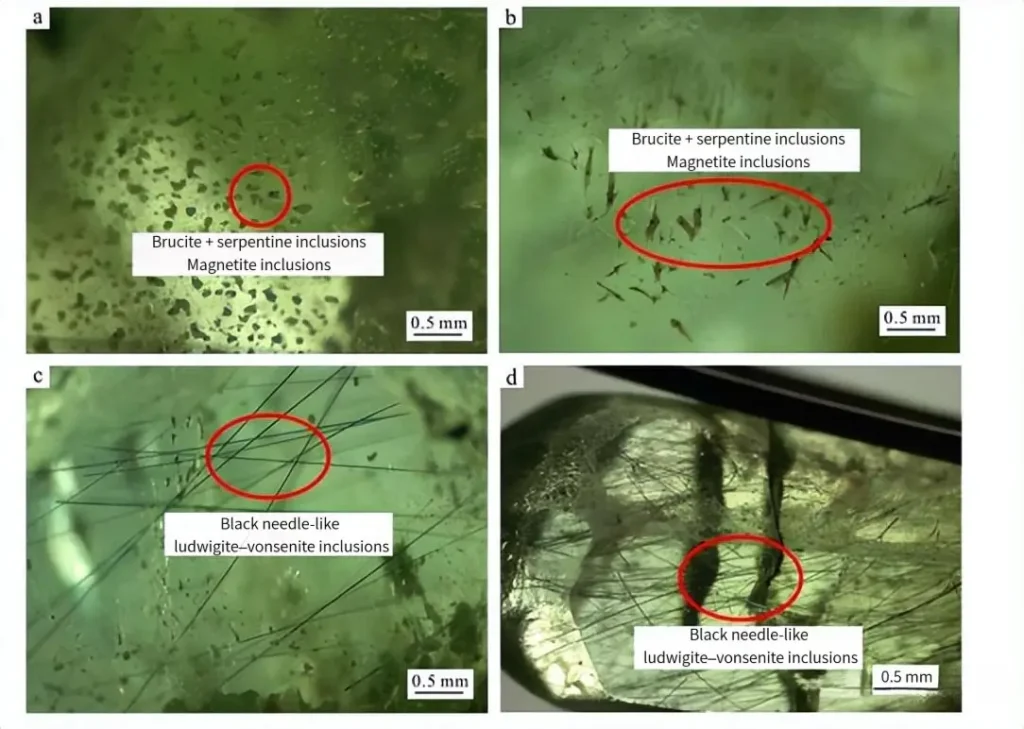 Magnified views showing mineral inclusions inside Pakistani Peridot.
