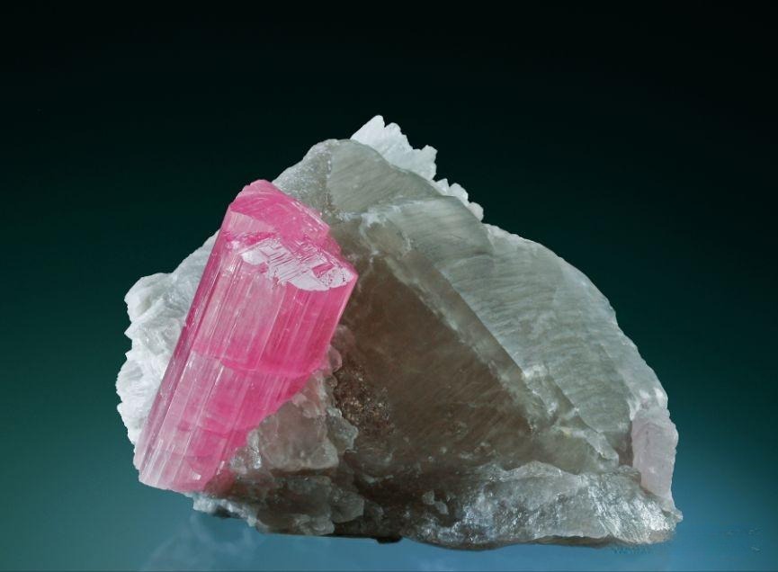 Pink tourmaline crystal from Pakistan attached to white quartz matrix.
