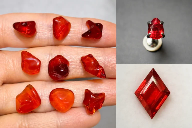 Oregon Sunstone, rhodonite, and fire opal shown as lesser-known Ruby Alternatives.