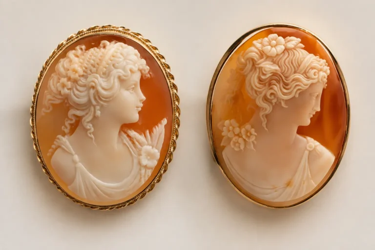 Two shell cameo brooches featuring carved female profiles in oval jewelry settings.