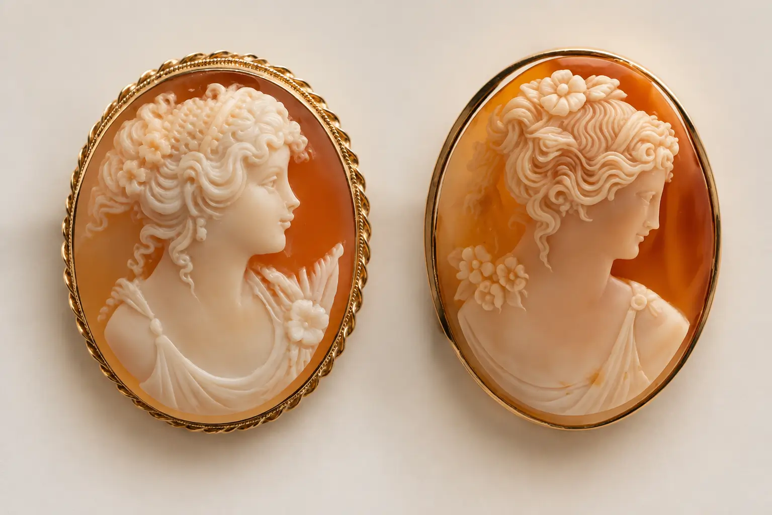 Two shell cameo brooches featuring carved female profiles in oval jewelry settings.