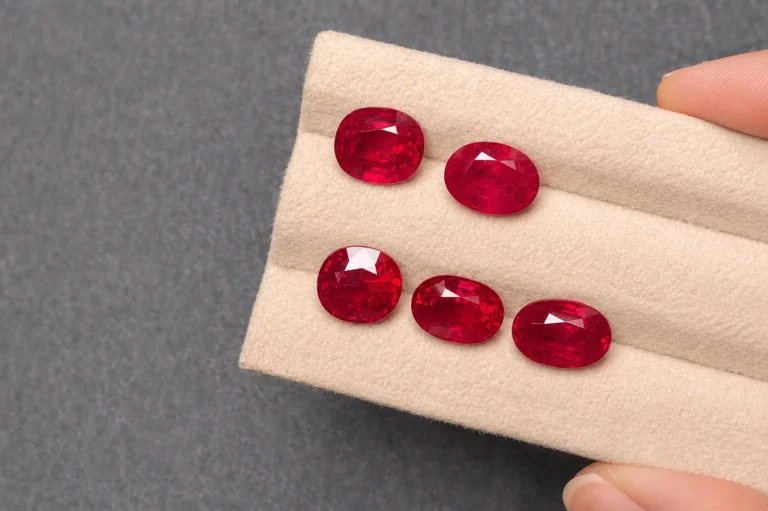 Five vivid red Burmese ruby gemstones with oval and cushion cuts displayed on a light gem tray