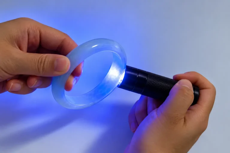 A 365 nm long-wave UV flashlight shining on a jade bangle