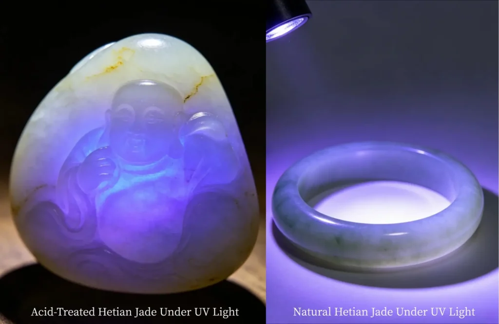 UV fluorescence comparison of acid-treated and natural Hetian jade