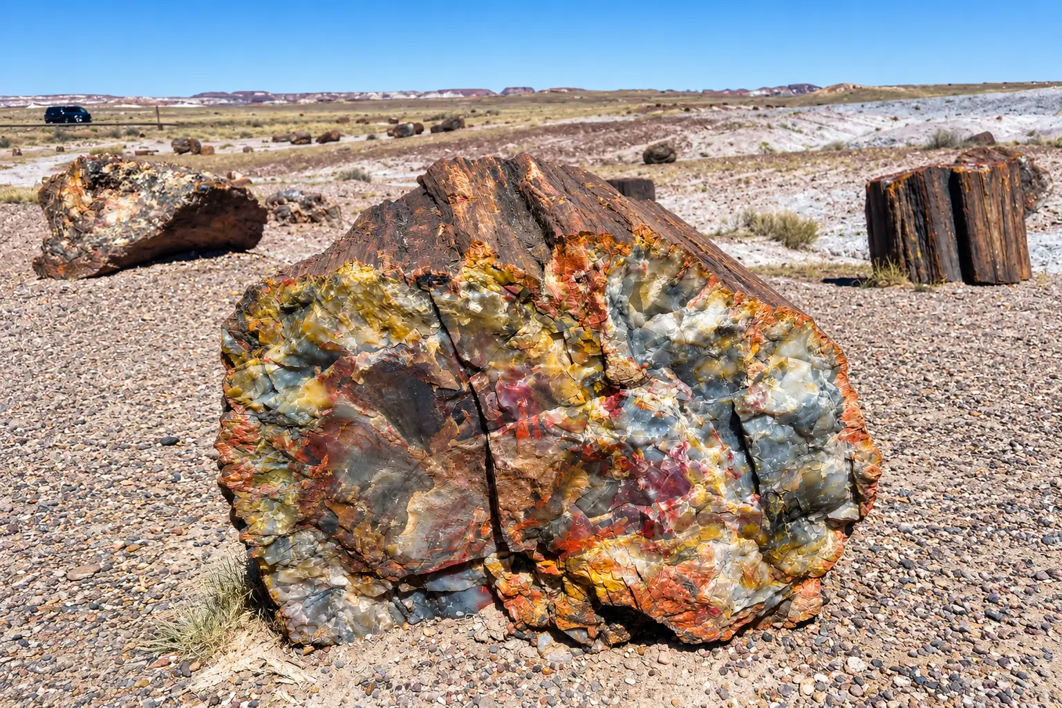 A wood-shaped section of silicified wood beside a road in Arizona.