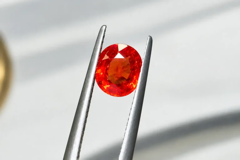 Orange faceted sapphire held with tweezers, treated by beryllium diffusion