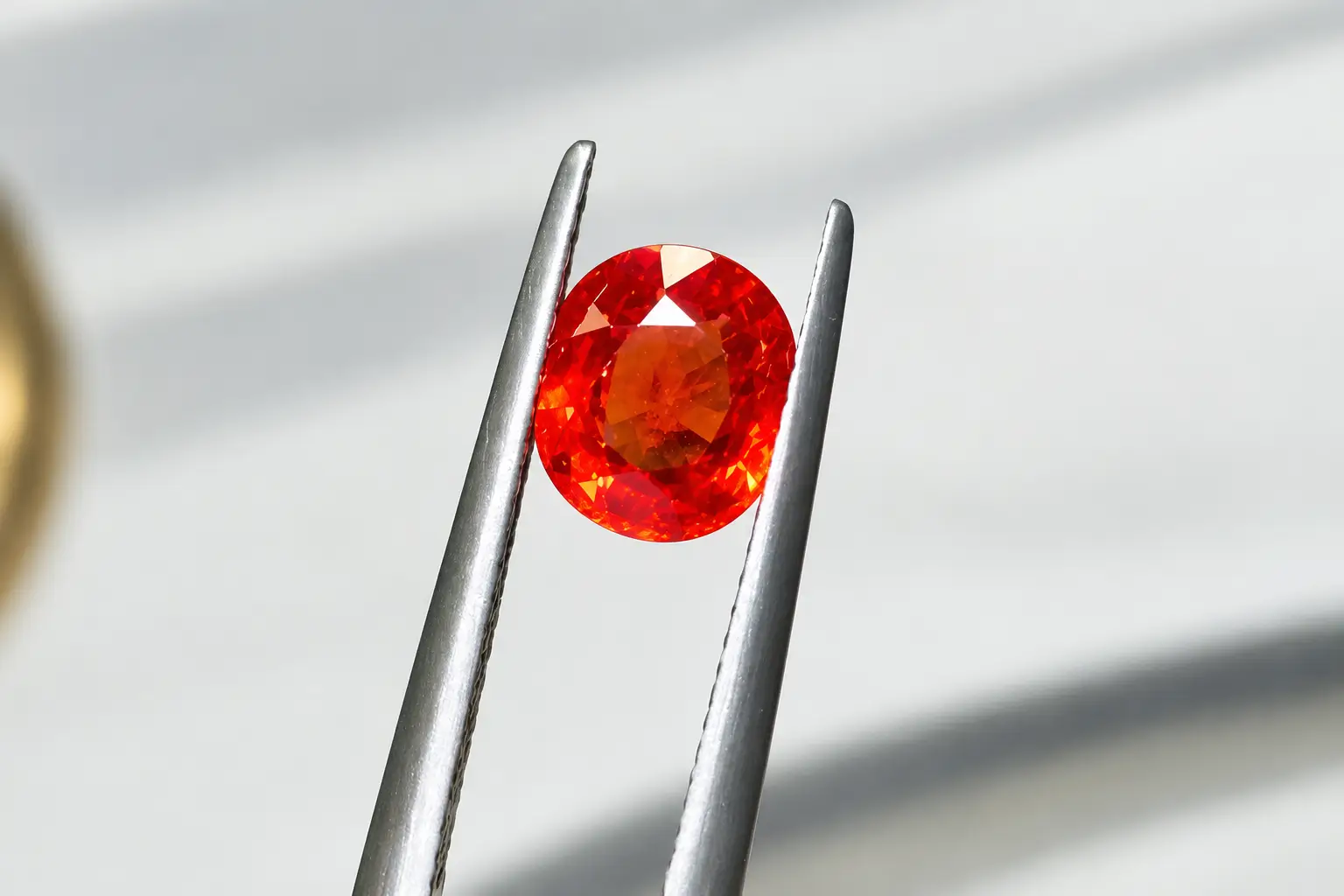 Orange faceted sapphire held with tweezers, treated by beryllium diffusion