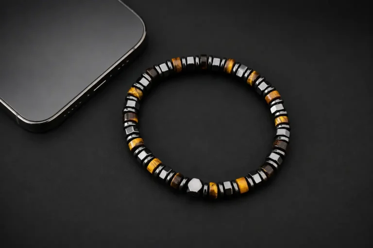 Black magnetic stone bracelet with golden brown tiger eye beads