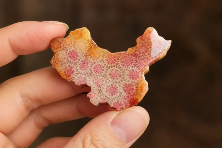 Coral Jade shaped like a map of China with pink and orange firework-like patterns