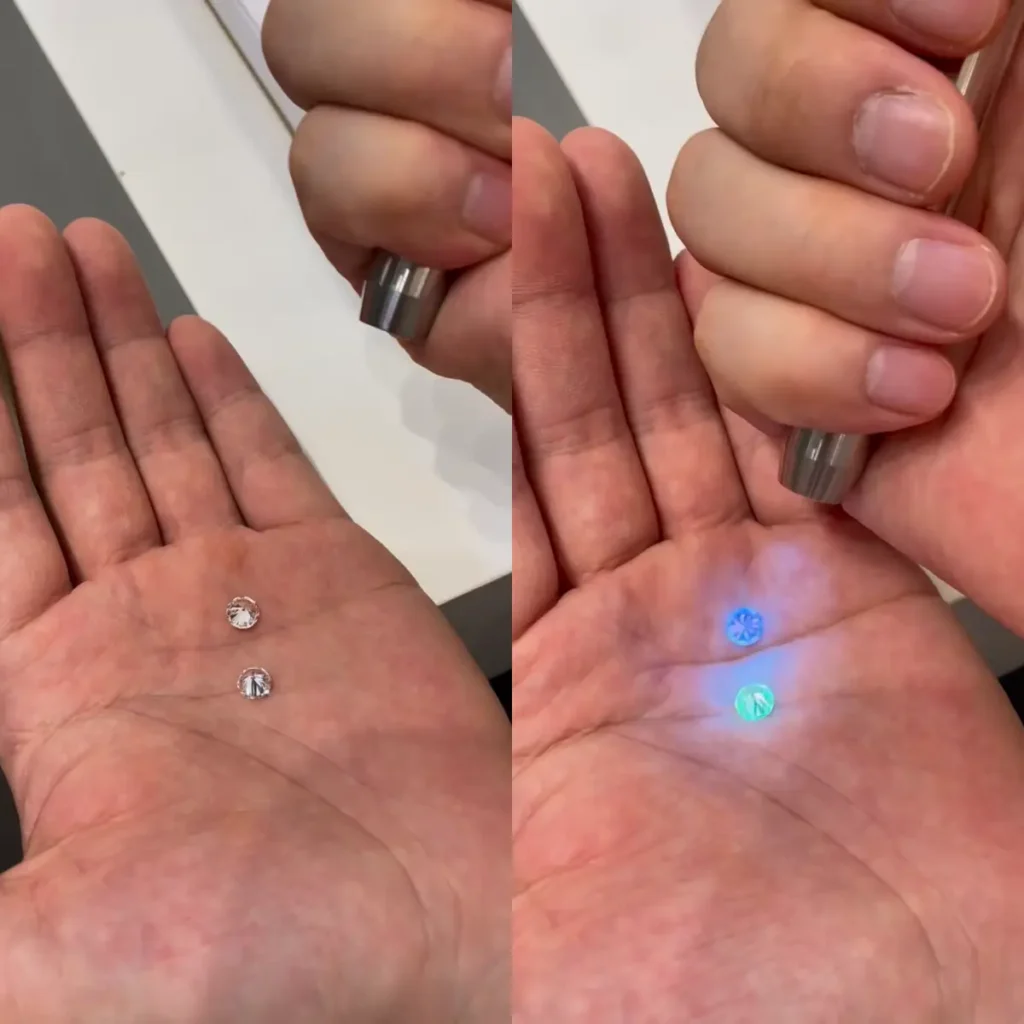Two one-carat diamonds in natural light compared with blue and green fluorescence under UV light.