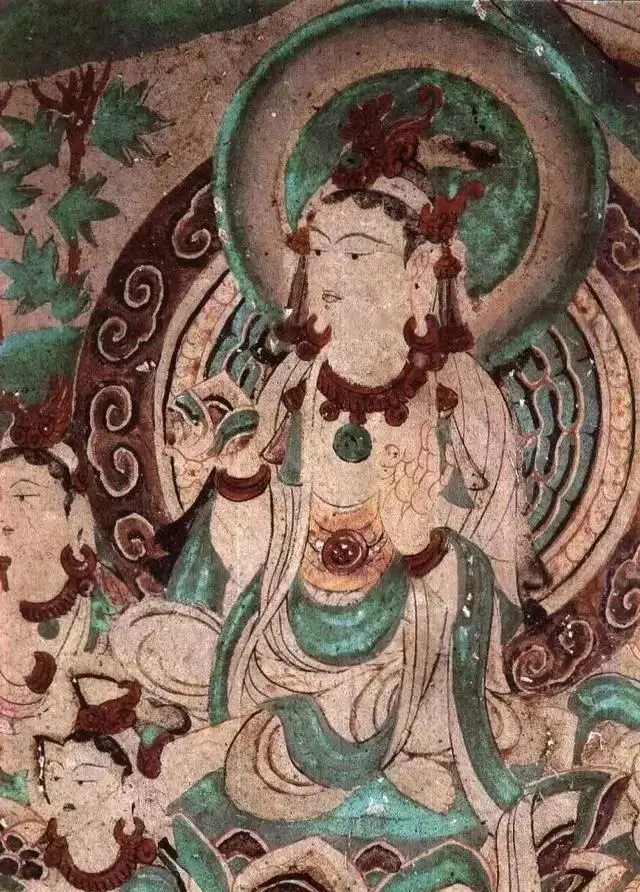 A Dunhuang mural showing a seated Buddha with a halo, crown, and colorful robes.