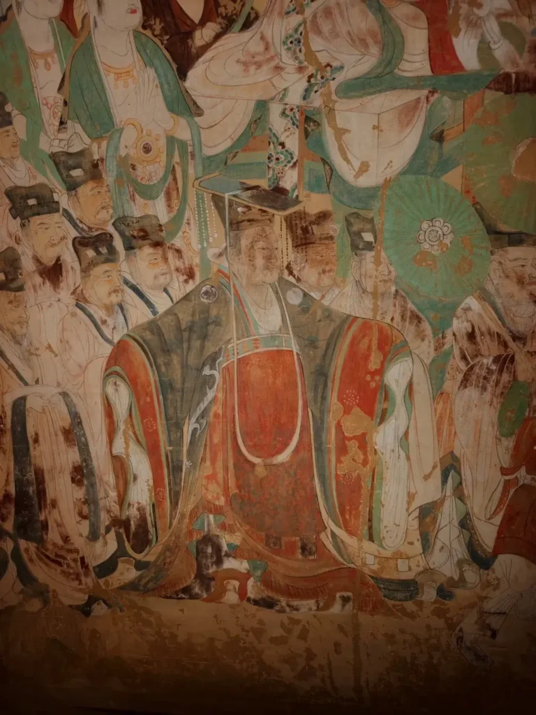 Dunhuang Cave 220 mural depicting an emperor listening to Buddhist teachings.